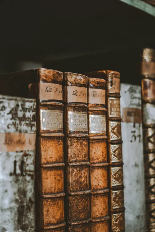 Vintage leather-bound books on a dim library shelf